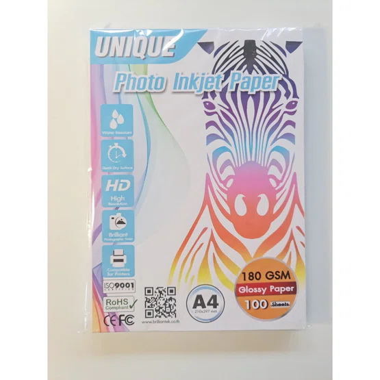 กระดาษพิมพ์ภาพถ่ายแบบมันวาว A4 / 180 แกรม (100 แผ่น)  ยี่ห้อ UNIQUE PHOTO GLOSSY PAPER