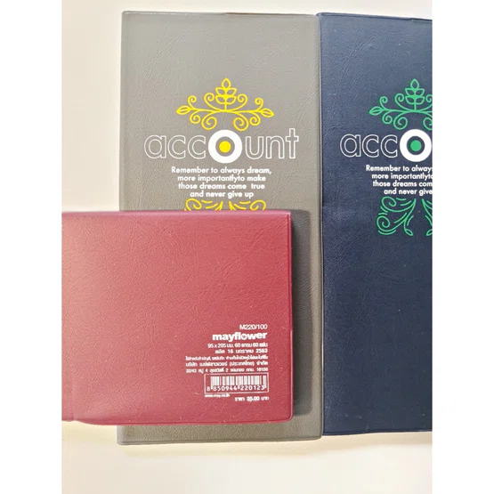 สมุดบัญชีปกพลาสติกอย่างดี ยี่ห้อ Mayflower 95x205mm 60แกรม 60 แผ่น รุ่น M220/100  1 เล่ม