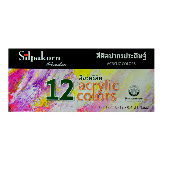 สีอะครีลิค 12 สี 12ml ตรา Silpakorn Pradit Acrylic Colours