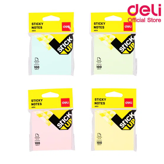 Deli A013 Sticky Note  กระดาษโน๊ตมีกาวในตัว  100แผ่น/แพ็ค  สีเหลือง 3x3 นิ้ว