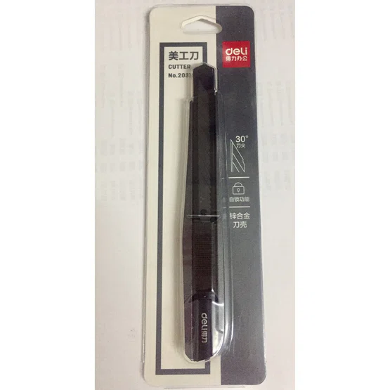 Deli 2037S Cutter คัดเตอร์สีดำ ขนาด 147x20mm ใบมีดเอียง 30° 1 ชิ้น