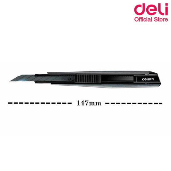 Deli 2037S Cutter คัดเตอร์สีดำ ขนาด 147x20mm ใบมีดเอียง 30° 1 ชิ้น