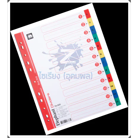 อินเด็กซ์ ตราช้าง No.520 12 หยัก 12 สี กระดาษ A4 Double Dura Strib Dividers