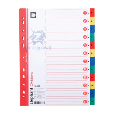 อินเด็กซ์ ตราช้าง No.520 12 หยัก 12 สี กระดาษ A4 Double Dura Strib Dividers