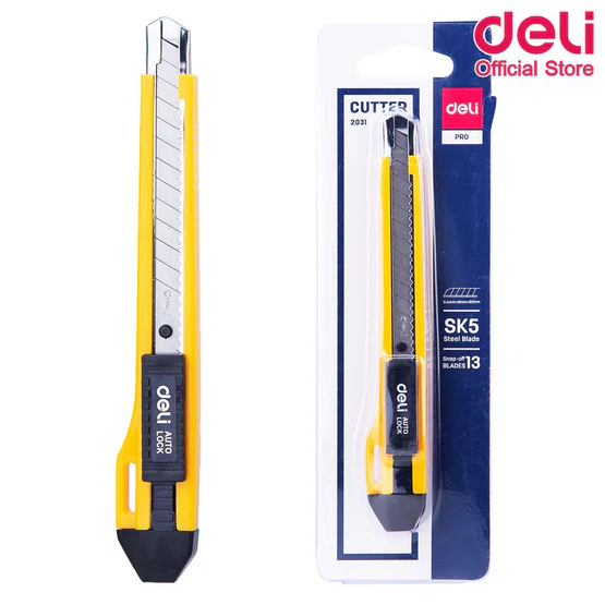 Deli 2031 Cutter คัตเตอร์ 13 ใบมีด รางเหล็ก มีช่องเก็บใบมีดสำรอง ระบบล๊อกออโต้  1 ชิ้น