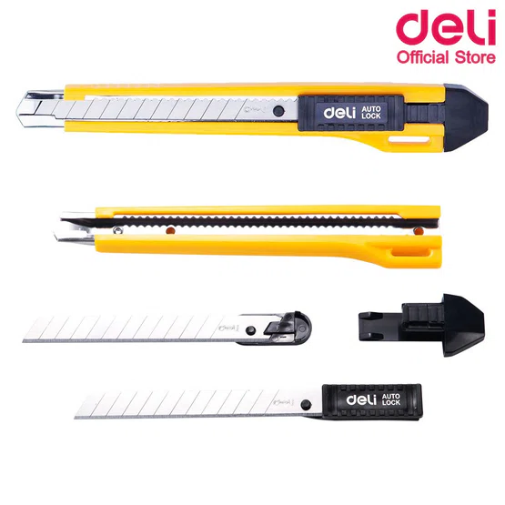 Deli 2031 Cutter คัตเตอร์ 13 ใบมีด รางเหล็ก มีช่องเก็บใบมีดสำรอง ระบบล๊อกออโต้  1 ชิ้น